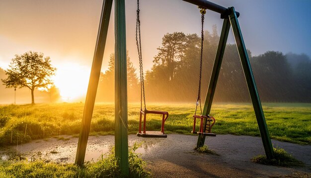 a swing set in the fog with the sun behind it