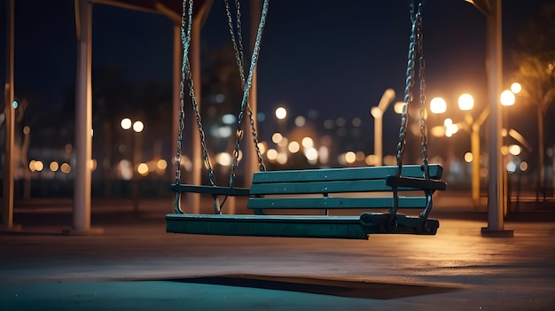 a swing set is shown in the night