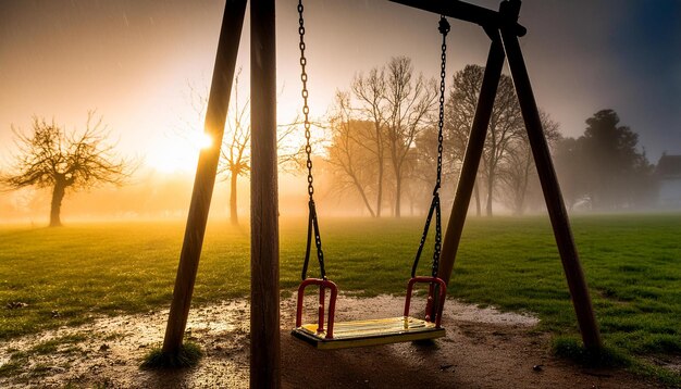 a swing set in the rain with the sun behind it