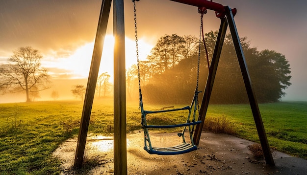 a swing set in the sunset with the sun behind it