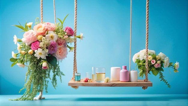 a swing set with flowers and bottles of alcohol