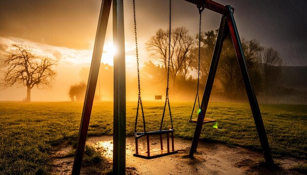 a swing set with the sun behind it