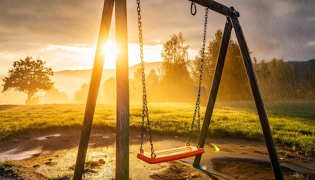 a swing set with the sun behind it