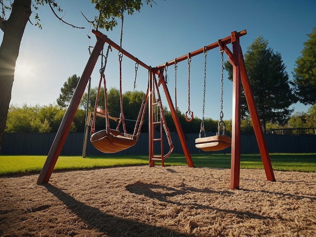 a swing set with a tree in the background and the sun behind it