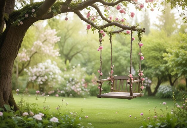 Photo a swing that has flowers on it and the words spring