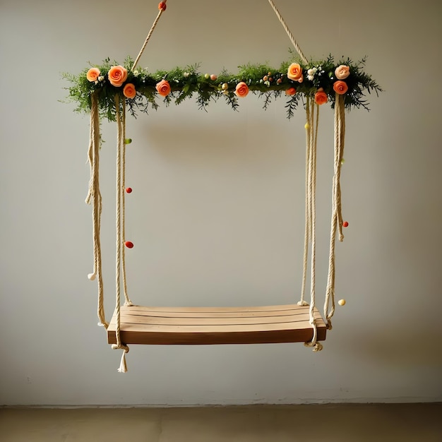 Photo a swing that has a wreath on it that says  the name of the company