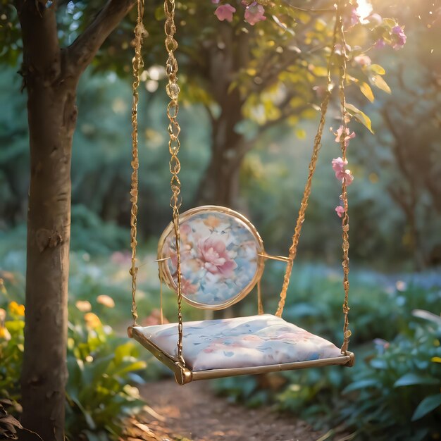 Photo a swing with a cushion on it in the middle of a garden