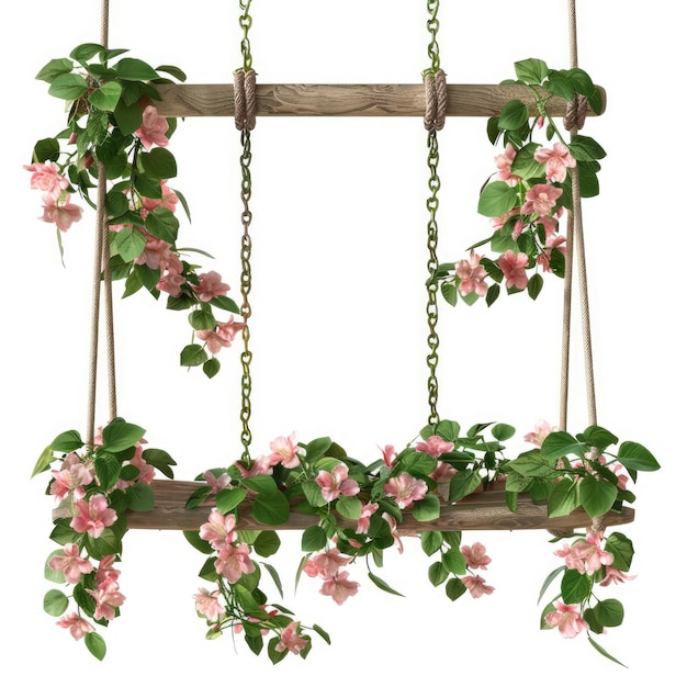 a swing with pink flowers hanging from it