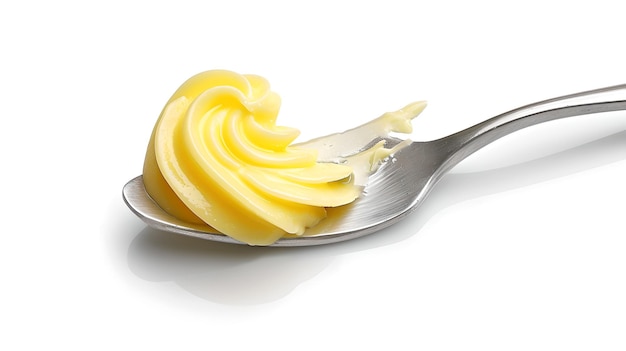 Swirl of butter on a metal spoon set against a clean white background Perfect for culinary themes Styled food photography AI