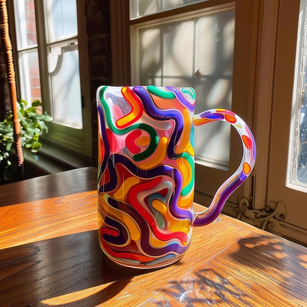 Swirl glass mug on wooden table squiggle blobby design gen z trend