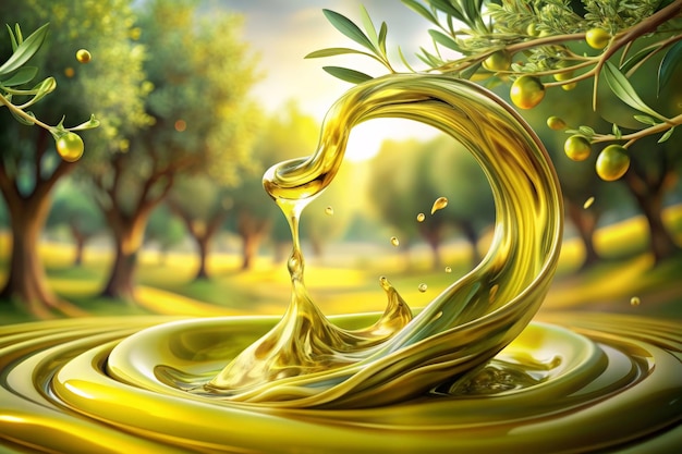 Swirl of olive oil against a background of olives on a bush Advertising banner