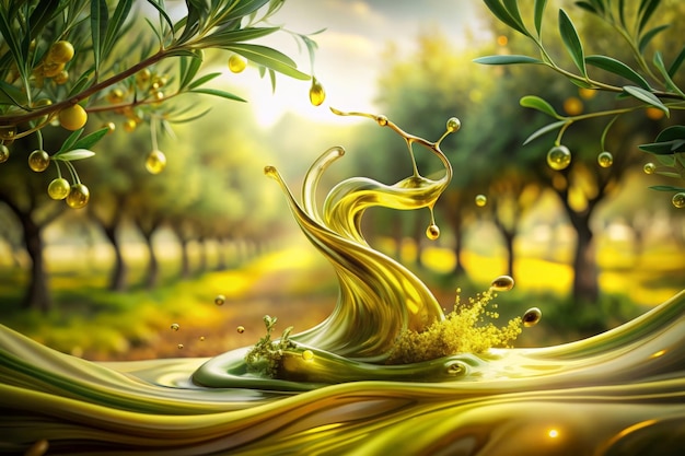 Swirl of olive oil against a background of olives on a bush Advertising banner