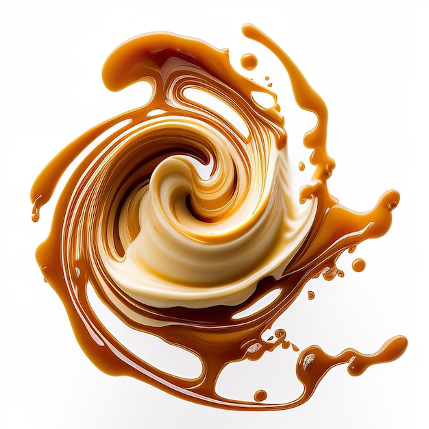 swirled caramel sauce flying in white background