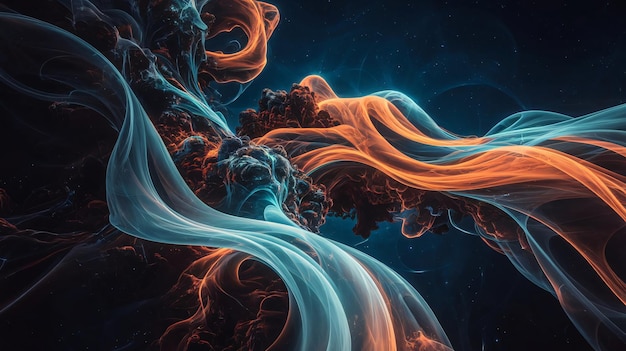 Photo swirling abstract cosmic scene vibrant fluid dynamics deep blue fiery orange soft teal