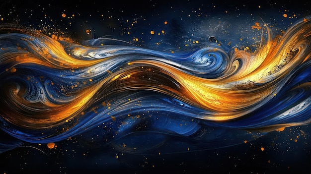 A swirling abstract design featuring vibrant blue and gold hues evoking fluid movement