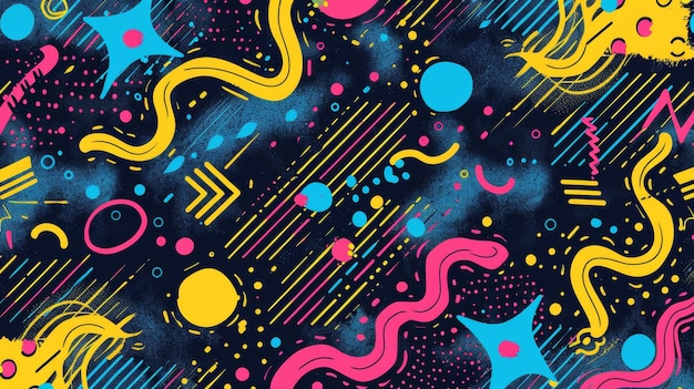 Swirling Abstract Design Pattern With Yellow Pink Blue and Black Shapes