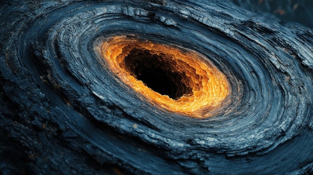 Photo a swirling abstract vortex of dark blue with a glowing orange center