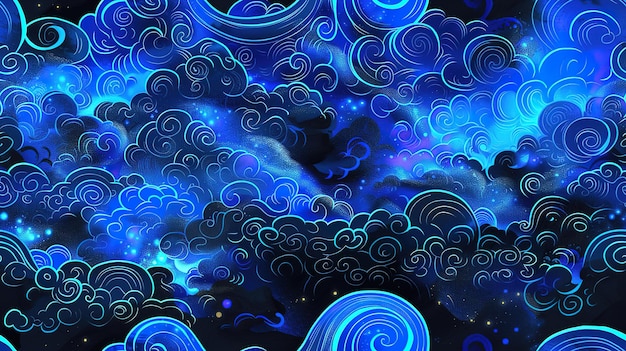 Photo swirling blue cosmic pattern with luminous spirals against a starry night sky backdrop