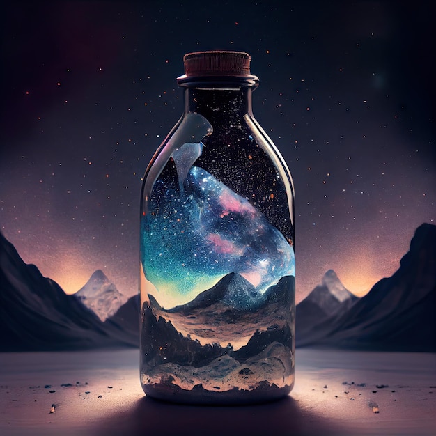 Swirling dust starry of galaxy in the glass bottle with capping in cyberpunk