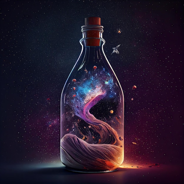 Swirling dust starry of galaxy in the glass bottle with capping in cyberpunk