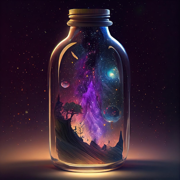 Swirling dust starry of galaxy in the glass bottle with capping in cyberpunk