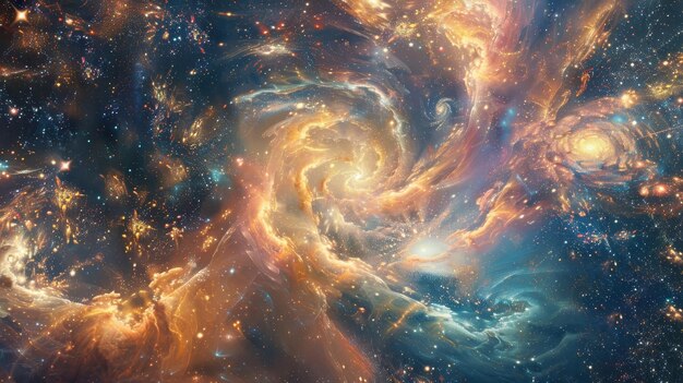 Swirling galaxies and stars in a vibrant cosmic tableau