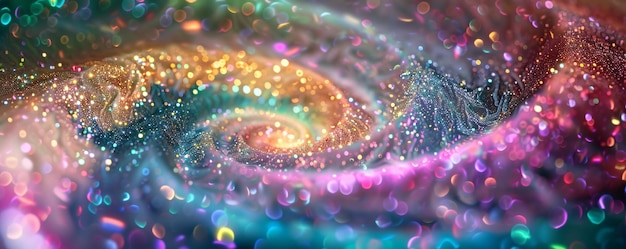 Swirling glitter pattern creating a colorful galaxy background with sparkling bokeh lights