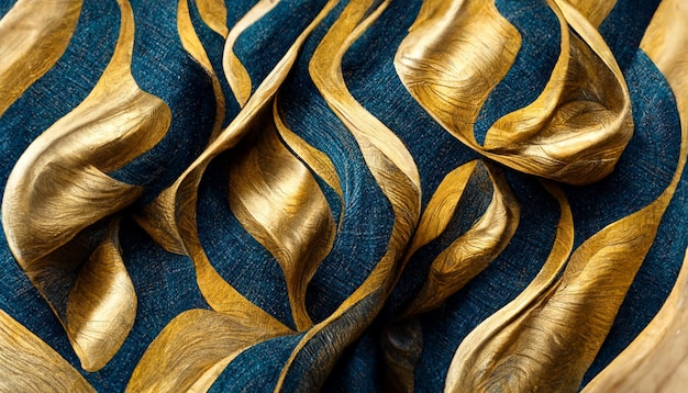 Swirling golden and blue glistening golden solid liquid waves ultra realistic vibrations wave functions twisted lines and textures seamless textile fulldrop repeated surface pattern geometric