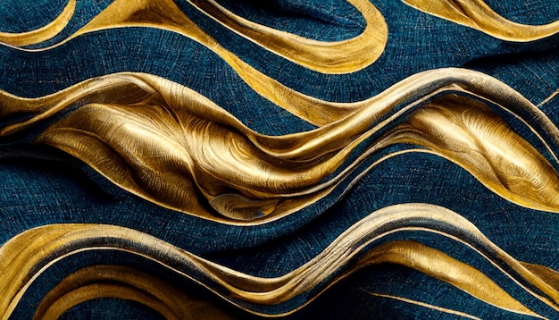 Swirling golden and blue glistening golden solid liquid waves ultra realistic vibrations wave functions twisted lines and textures seamless textile fulldrop repeated surface pattern geometric