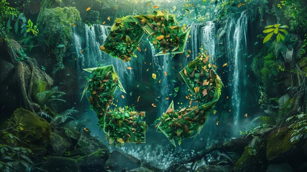 Photo swirling leaves and petals with recycling symbol abstract forest and waterfall background