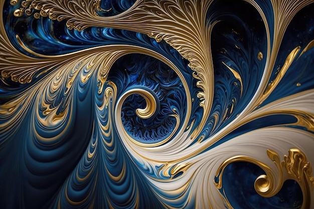 Swirling pattern of blue and gold like marbling The texture is like liquid gold marble