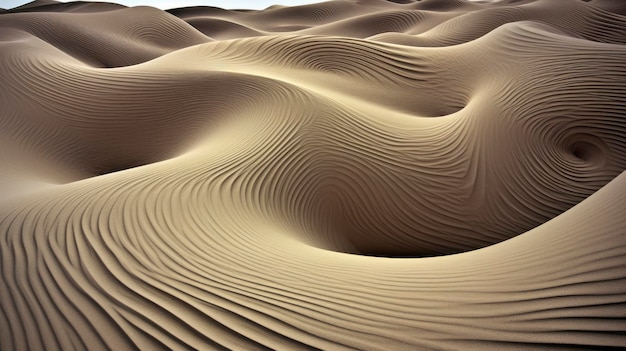 Swirling patterns in the sand dunes of a desert Created with Generative AI technology