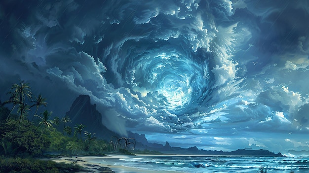 A swirling storm looms over an enchanting island of wonder