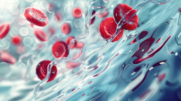 A swirling stream of red blood cells moving through a transparent