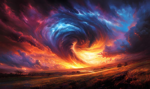 Photo a swirling vortex of fiery clouds over a grassy field at sunset