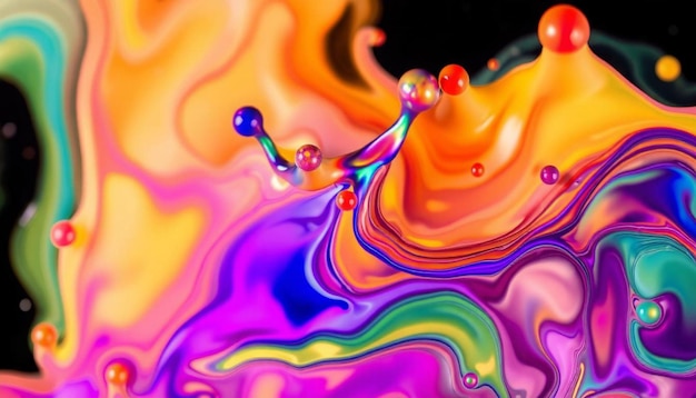 Photo swirling yellow pink blue and purple liquid with bubbles