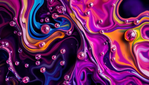 Photo swirling yellow pink blue and purple liquid with bubbles