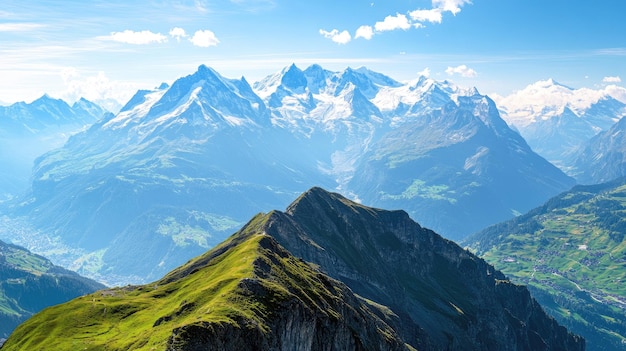 Swiss Alps mountain range view from the summit High quality clear clean background ample copy space