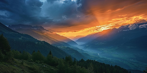 Swiss Alps mountain range with lush forest valleys and meadows countryside in Switzerland landscape