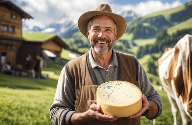 Swiss cheesemaker on the alp with mountain cheese in his hands