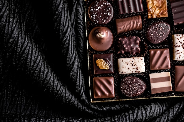 Swiss chocolates in gift box various luxury pralines made of dark and milk organic chocolate in choc...