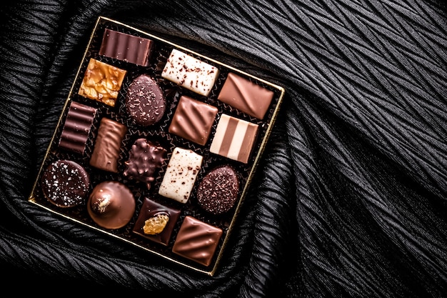 Swiss chocolates in gift box various luxury pralines made of dark and milk organic chocolate in choc...