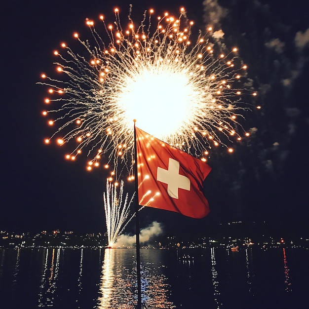 Photo swiss flag illuminated by fireworks at night