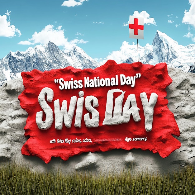 Photo swiss flag snowy mountains red text swiss national day