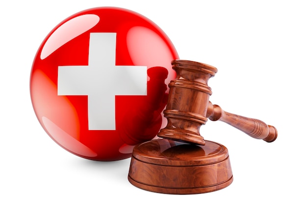 Swiss law and justice concept Wooden gavel with flag of Switzerland 3D rendering