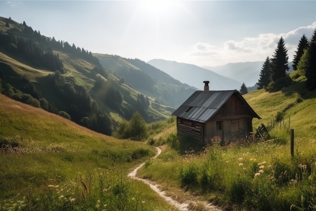 Swiss mountain summer landscape with traditional cottage village ai generative