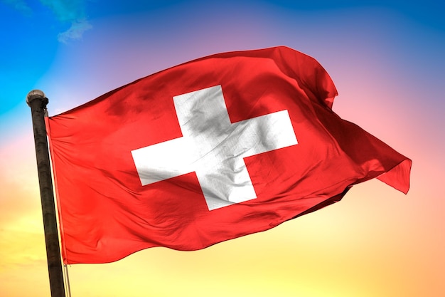 switzerland country flag, 3d flag, and color background.