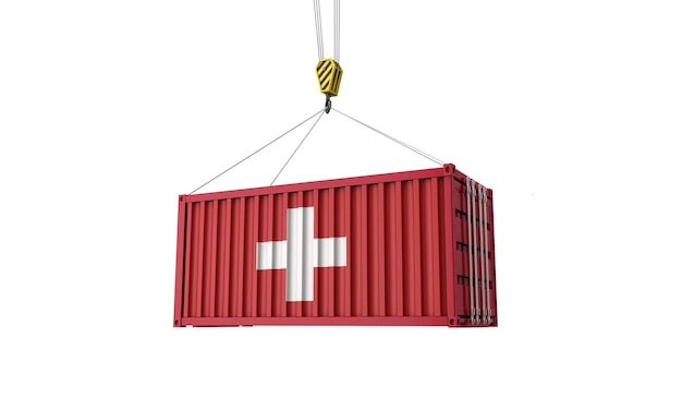 Switzerland flag cargo trade container hanging from a crane d render