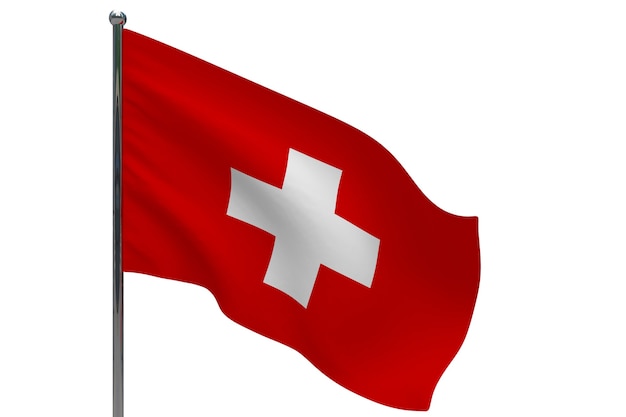 Switzerland flag on pole. Metal flagpole. National flag of Switzerland 3D illustration on white