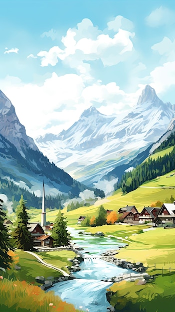 switzerland Landscape water color vector illustration